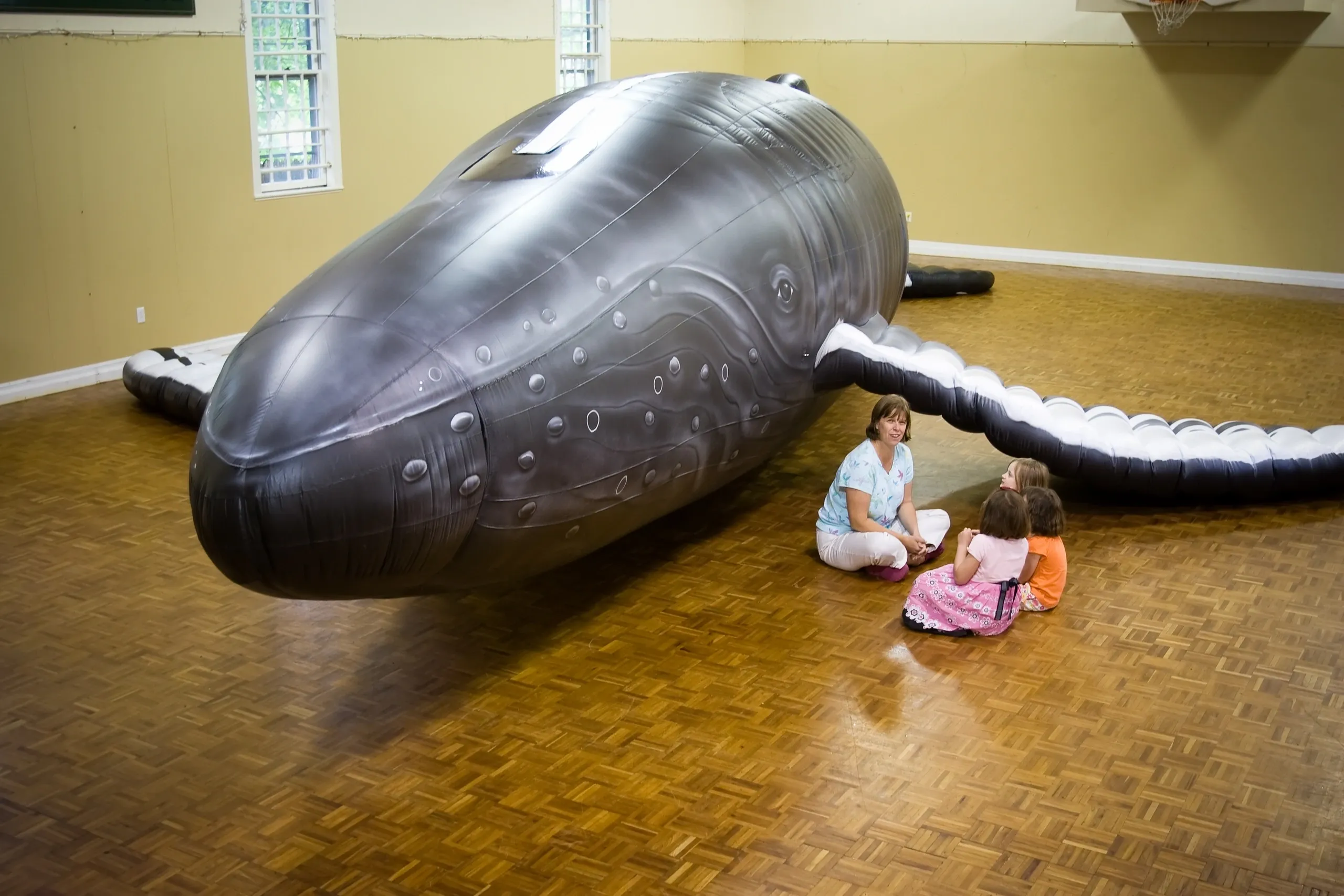 Students seated inside the inflatable whale learning anatomy