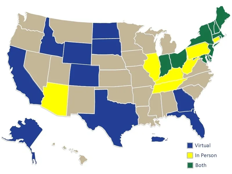 Map of the United States showing which states the Whalemobile has visited virtually, in person, or both